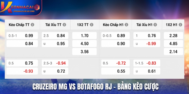Soi kèo Cruzeiro MG vs Botafogo RJ chi tiết qua bảng tỷ lệ kèo nhà cái
